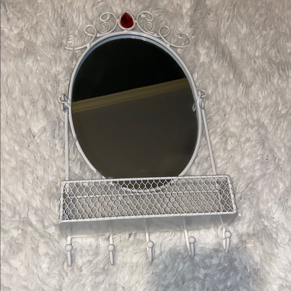 White Oval Mirror with pink Accent/ hooks/storage